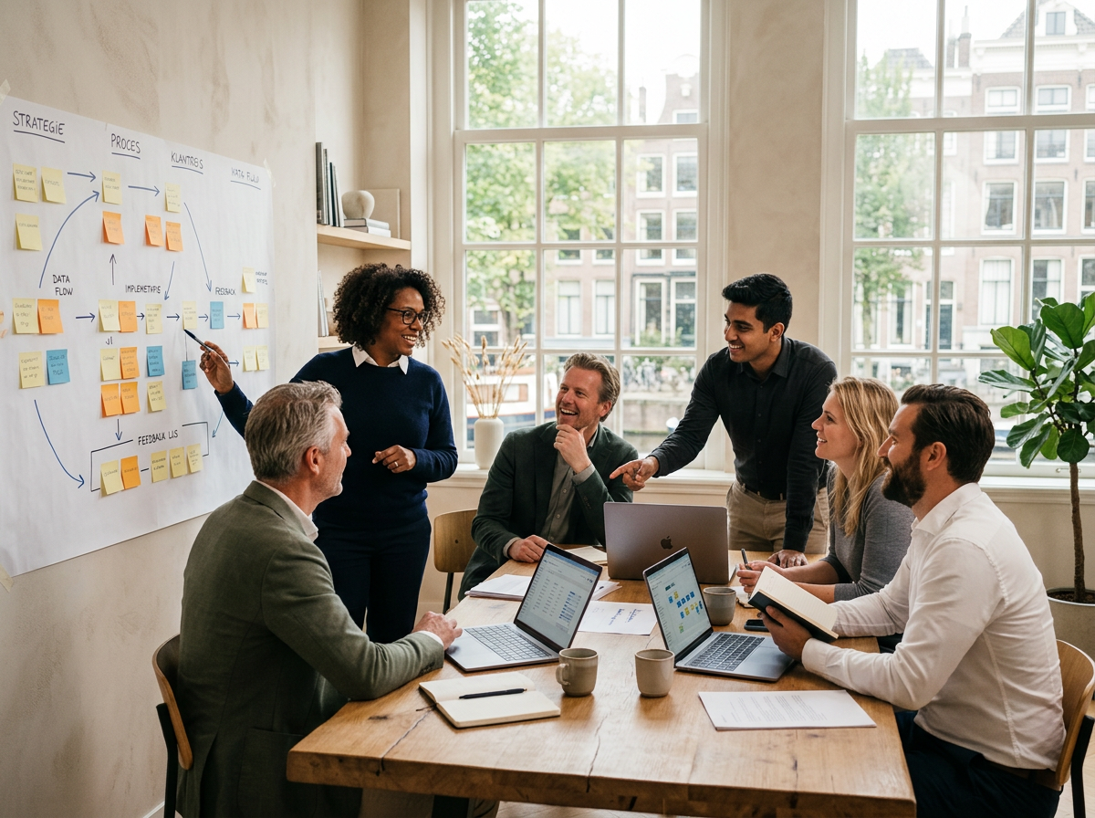 Een team bespreekt een proces op kantoor